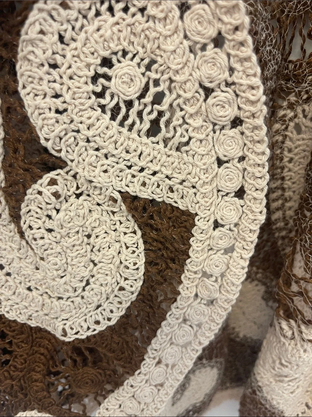 Cream & Brown Crochet Open Cardigan Sweater - Picture 6 of 8